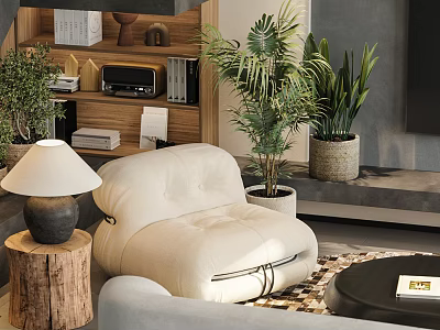Comfortable Beige Single Sofa with Wooden Stump Lamp Green Plants and Modern Living Room Decor 3d model