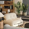 Comfortable Beige Single Sofa with Wooden Stump Lamp Green Plants and Modern Living Room Decor