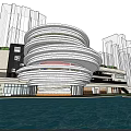 Modern School Building Featuring Circular Design Multi Story Waterfront Blue Sky Green Plants