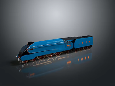 Blue Streamlined Train With Shiny Surface Reflective Finish And Detailed Wheels On Gray Background 3d model