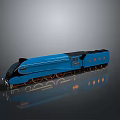 Blue Streamlined Train With Shiny Surface Reflective Finish And Detailed Wheels On Gray Background
