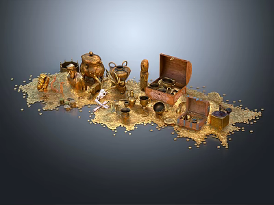 Luxurious Gold Jewelry Collection With Open Wooden Chest Golden Jars And Coins 3d model