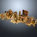 Luxurious Gold Jewelry Collection With Open Wooden Chest Golden Jars And Coins