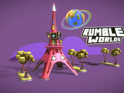 Cartoon Rumble Worlds Scene With Red Tower Globe And Yellow Trees 3d model