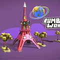 Cartoon Rumble Worlds Scene With Red Tower Globe And Yellow Trees 3d model