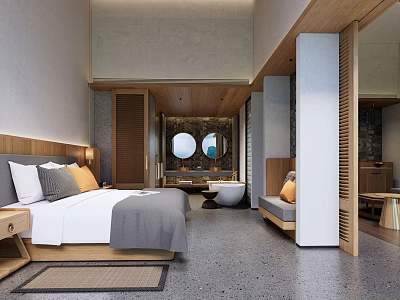 Modern Hotel Room Interior With Comfortable Bed Wooden Furniture And Neutral Tones 3d model