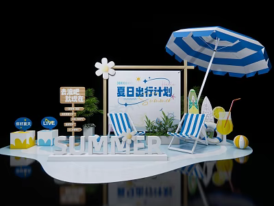 Summer Travel Plan With Blue And White Striped Umbrella Beach Chairs Drinks And Summer Sign 3d model