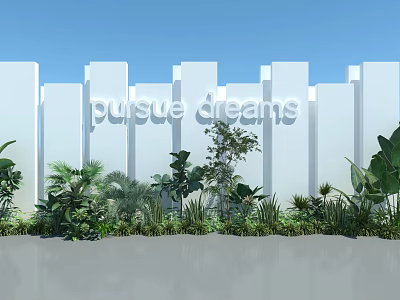 Floral Installation Design With White 3D Letters Pursue Dreams Green Plants And White Block Wall 3d model