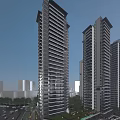 Modern High Rise Residential Building With Glass Curtain Walls And Cityscape View