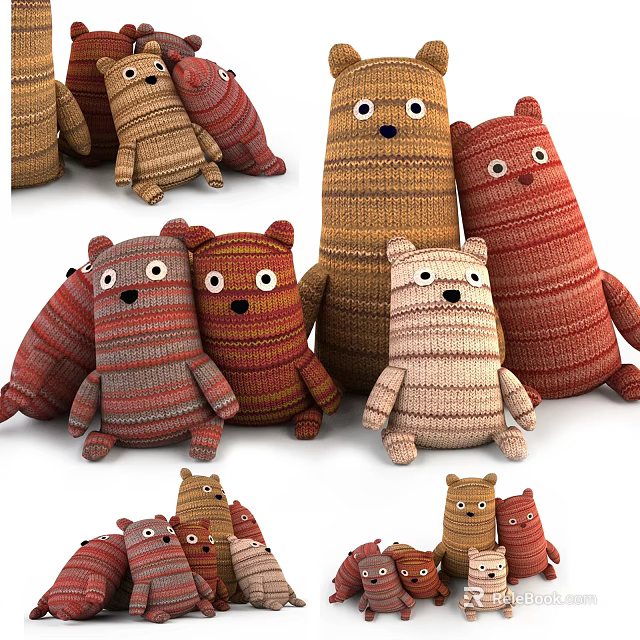 Colorful Knitted Stuffed Bear Dolls In Red Brown And Beige Tones 3d model 