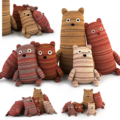 Colorful Knitted Stuffed Bear Dolls In Red Brown And Beige Tones 3d model
