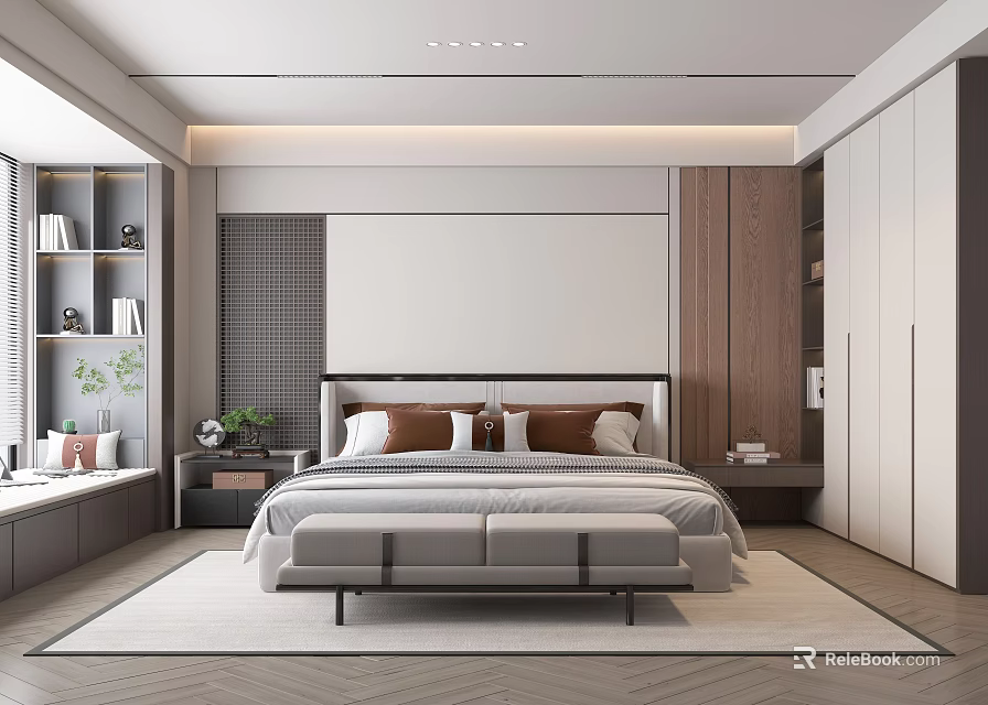 Modern Elegant Bedroom Interior With Bed Pillows Nightstands Herringbone Floor And Cabinets 3d model 