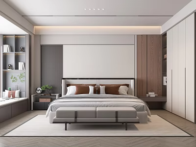 Modern Elegant Bedroom Interior With Bed Pillows Nightstands Herringbone Floor And Cabinets 3d model