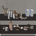 Cosmetics and Skincare Products on Black Shelves with Makeup Brushes Bottles Jars and Boxes