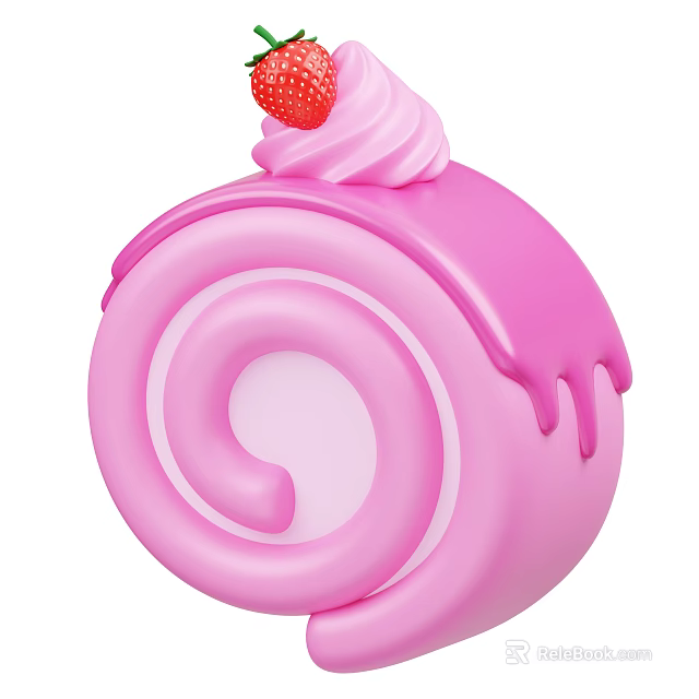 Pink Swiss Roll Dessert With Spiral Design Topped Pink Cream And Fresh Strawberry 3d model 