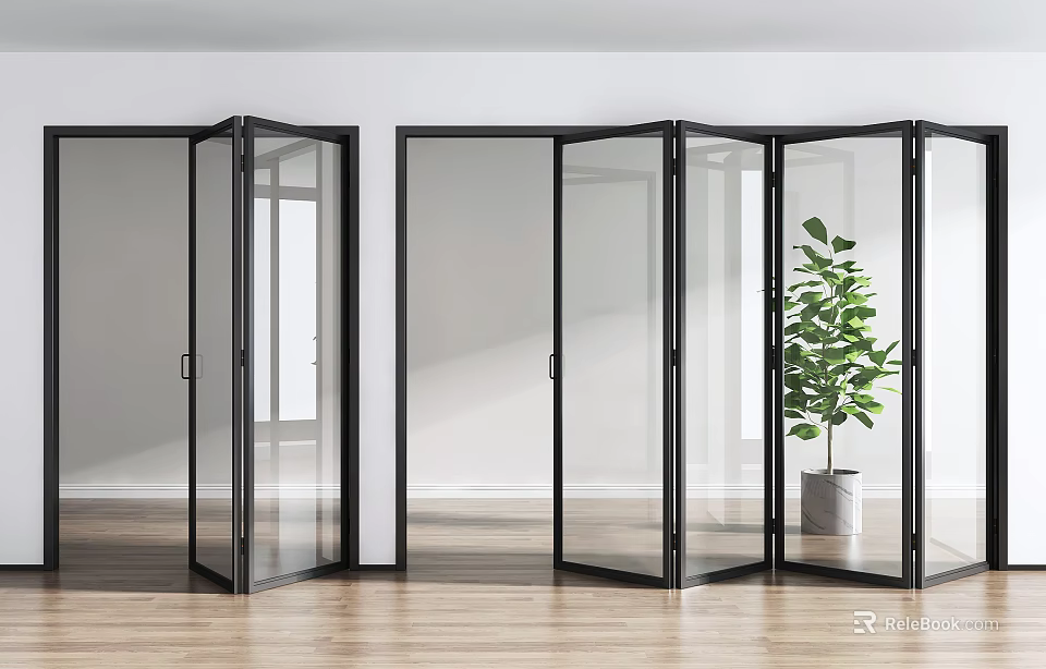 Modern Interior Folding Doors With Glass Panels Black Frames Green Plant And Wooden Floor 3d model 