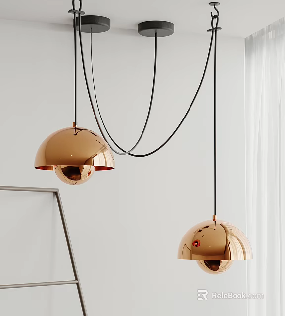 Two Modern Copper Pendant Lights with Hemispherical Design Hanging in Minimalist White Interior 3d model 