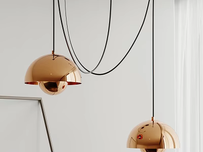 Two Modern Copper Pendant Lights with Hemispherical Design Hanging in Minimalist White Interior 3d model