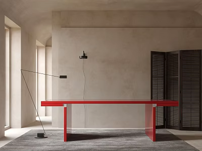 Red Modern Desk in Minimalist Interior With Black Floor Lamp Gray Rug and Shutters 3d model