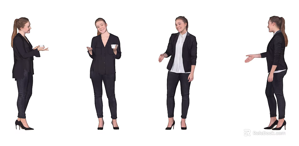 Professional Woman Wearing Black Blazer White Shirt Holding Coffee Cup Standing In Different Poses 3d model 