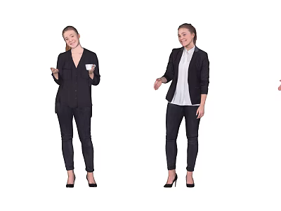 Professional Woman Wearing Black Blazer White Shirt Holding Coffee Cup Standing In Different Poses 3d model