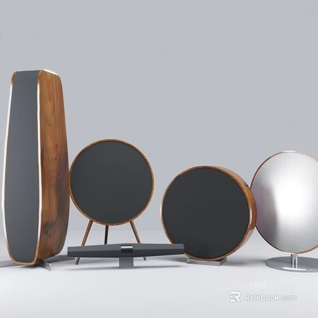 Stylish Audio Speakers Featuring Wooden Texture Round Black Panels Silver Finish And Stand 3d model 