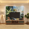 Vibrant Living Room TV Background Wall with Tropical Plant Design Wooden Stand and Decorations