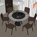 Modern Round Dining Table with Six Brown Chairs Marble Top Black Base and Pendant Light