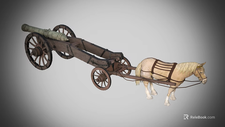 Ancient Historical Weapon Horse Drawn Wooden Cannon Cart With Large Wheels And Light Colored Horse 3d model 
