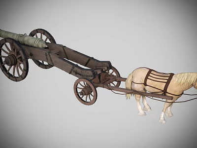 Ancient Historical Weapon Horse Drawn Wooden Cannon Cart With Large Wheels And Light Colored Horse 3d model