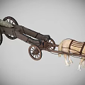 Ancient Historical Weapon Horse Drawn Wooden Cannon Cart With Large Wheels And Light Colored Horse