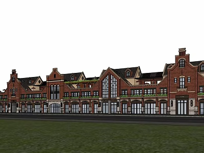Traditional Red Brick Commercial Street With Storefronts Arched Windows And Green Plants 3d model