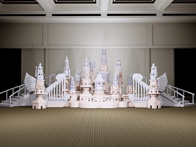 Detailed Castle Model Featuring Towers Wing like Structures and Railings in Indoor Space 3d model