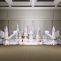 Detailed Castle Model Featuring Towers Wing like Structures and Railings in Indoor Space