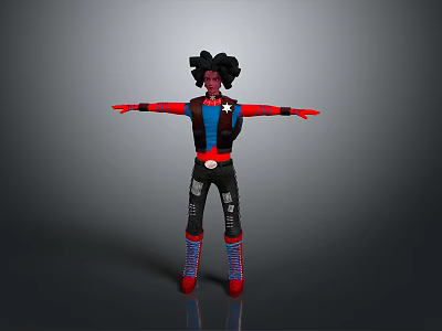 Stylized 3D Character with Black Curly Hair Black Vest Blue Innerwear Red Boots and Stretched Arms 3d model