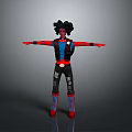 Stylized 3D Character with Black Curly Hair Black Vest Blue Innerwear Red Boots and Stretched Arms