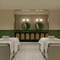 Tranquil Spa Interior With Green Walls Arched Decor Lush Plants Massage Beds And Checkered Floor