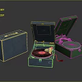 Vintage Record Players Blue And Green Open With Vinyl Record And Closed Cases