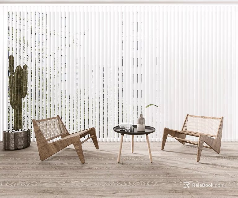 White Vertical Blinds In Modern Interior With Rattan Chairs Cactus And Small Round Table 3d model 