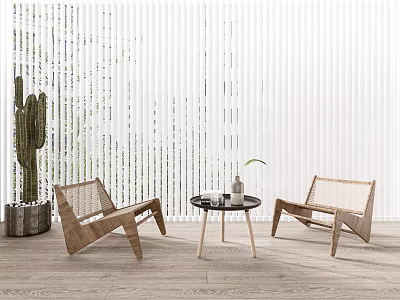 White Vertical Blinds In Modern Interior With Rattan Chairs Cactus And Small Round Table 3d model