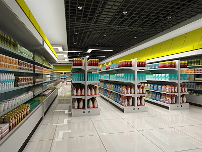 Supermarket Interior With Well Stocked Shelves Various Products Bright Lighting Neat Aisles And White Tiles 3d model