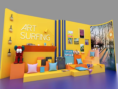 ART SURFING Exhibition Booth With Yellow Background Decorative Plush Toy Colorful Cushions Shelves And Painting 3d model