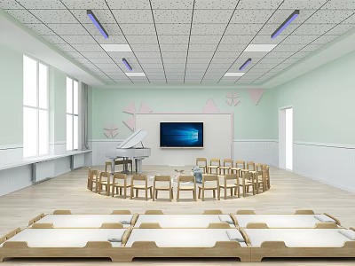 Kindergarten Interior With Light Green Walls Triangle Decorations Piano TV Circular Chairs And Small Beds 3d model