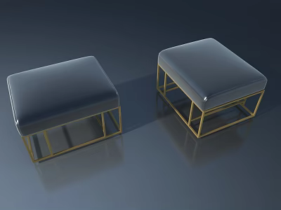 Two Grey Padded Square Stools With Gold Frame On Dark Background 3d model