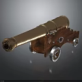 Vintage Brass Cannon With Wooden Carriage And Metal Wheels On Dark Reflective Surface