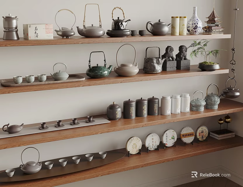 Traditional Tea Sets Display on Multiple Wooden Shelves with Teapots Cups and Decorative Items 3d model 