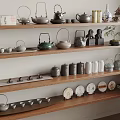 Traditional Tea Sets Display on Multiple Wooden Shelves with Teapots Cups and Decorative Items