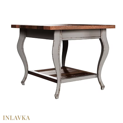 Rustic Wooden Dining Table With Curved Legs Lower Shelf And Distressed Finish 3d model