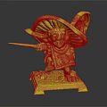 Cute Anthropomorphic Mouse Character Wearing Large Hat Holding Sword on Base with Yellow Shards