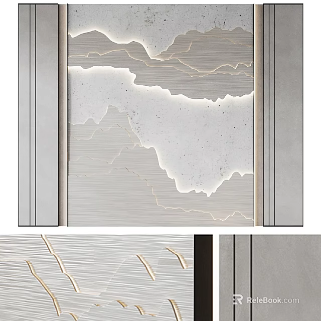 Elegant Modern Background Wall Design With Textured Gray White Surface And Metal Lines 3d model 